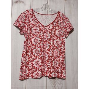 Curves‎ Red Floral V-Neck Short Sleeve Top